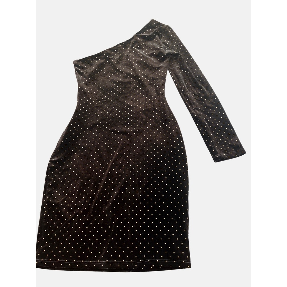 NWT Armani Exchange Black Velvet One Shoulder Dress Gold Metal Dots - Picture 6 of 6